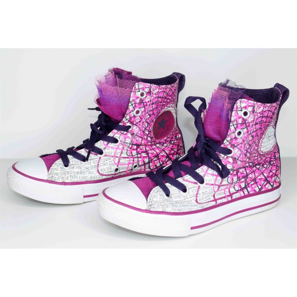 Converse Chuck Taylor Party Pink and Purple Hi Tops with Tulle-Junior Size 1.5